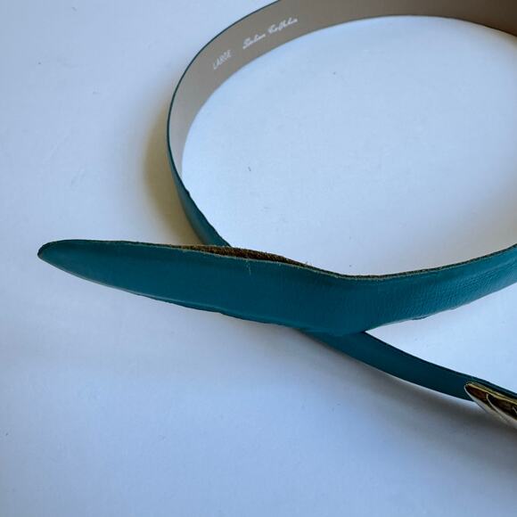 Vintage Women’s Italian Calfskin Teal Slide Belt Size L Gold Tone Clasp 80s 90s - Picture 6 of 6